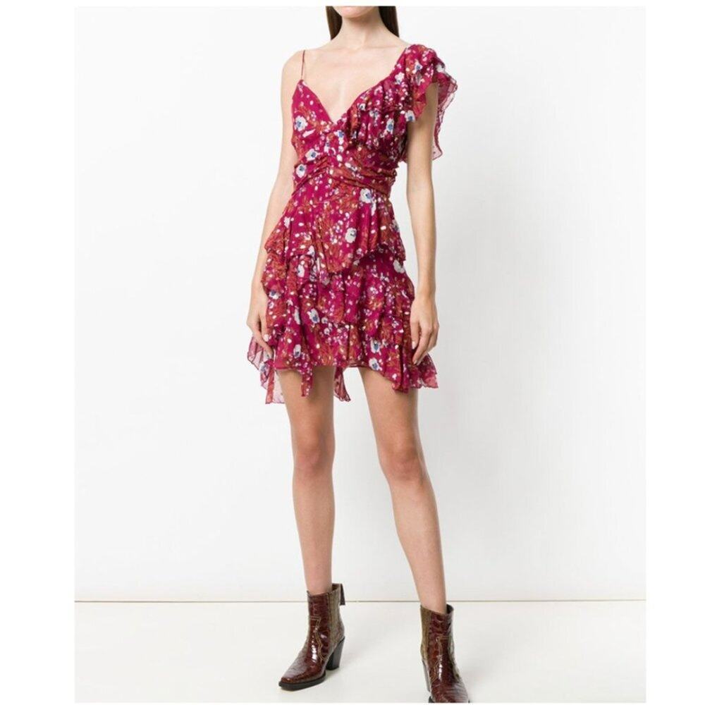 Isabel Marant Manda Silk Floral Mini Dress in Raspberry